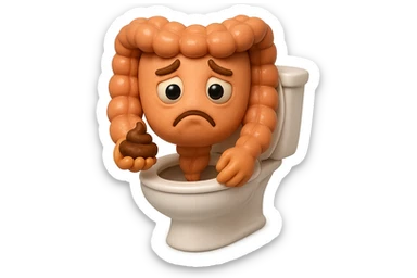 emoji stile iphone di un intestino realistico 3d che esce dal wc con in mano una montagnetta di feci con espressione triste a palline, iperrealistico 4k sticker