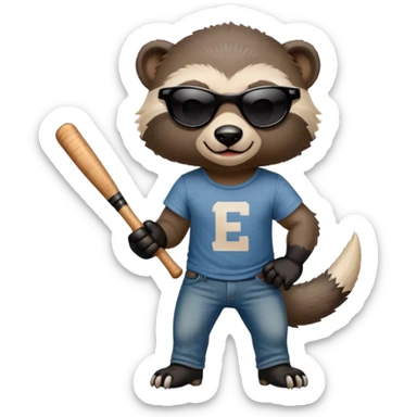 mischievous anthropomorphised honey badger in jeans and a t-shirt, wearing sunglasses, holding a baseball bat sticker