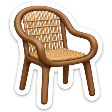 A 3D cartoon wooden chair with woven rattan seat, clean composition, bright background, Memoji-style rendering. sticker