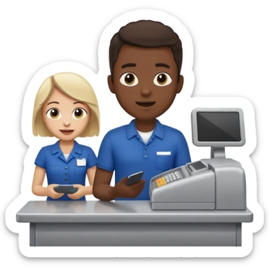 Supermarket employee at a cash register, full body, serving a man surprised sticker