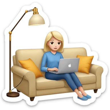 A girl is working with a laptop while lying on a sofa, with a floor lamp to the right. sticker