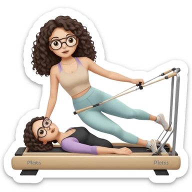 Memoji-style girl with long dark brown curly hair, round glasses, large brown eyes, soft rounded face,makeup, warm beige skin tone, wearing Pilates activewear performing Pilates and reformer Pilates exercises on a reformer machine, pastel color palette, smooth soft shading,latino sticker