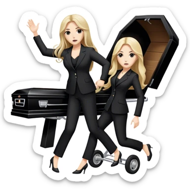 Two woman in black pants suits with long hair punching a stretcher with a coffin on in to a black Mercedes Vito  sticker