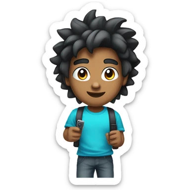 Brown-skinned boy wearing cyan headphones, blue t-shirt, with black hair lifted like a Saiyan, holding a video game controller, looking straight ahead. sticker