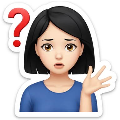 young women with black hair dont know from what to start. add question mark sticker