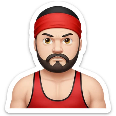 Close-up of very fat white skin guy with young face, beard and mustache, no muscle with prominent black durag, black eyes in a red and black wrestling singlet with angry face sticker