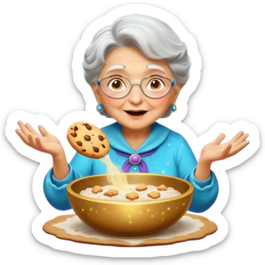 Portrait of a magical grandma casting a baking spell, cookies floating out of a glowing bowl, sparkles and flour swirling around, surreal atmosphere, emoji-style sticker