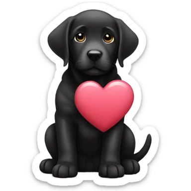 sitting black labrador puppy is holding a heart sticker