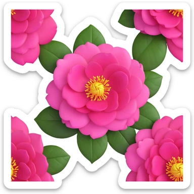Detailed pink camellia flower with perfectly arranged petals and shiny dark green leaves sticker