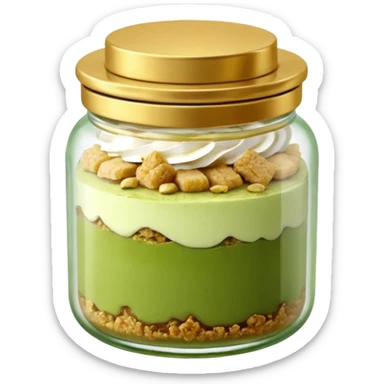 A small round glass jar with a gold lid, filled with layered dessert: creamy white base, green matcha layer in the middle, and a crunchy topping on top.

 sticker