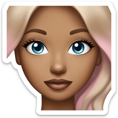 A beautiful woman with ice blue eyes with long eyelashes, tan skin, pink lips and medium layered hair that is brunette with caramel balayage  sticker