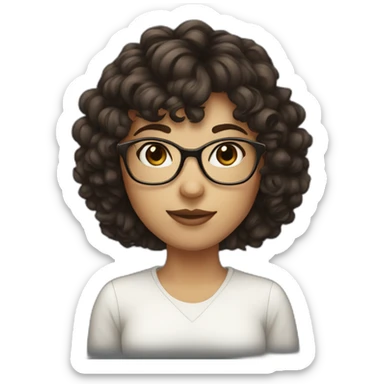 girl with short curly dark brown hair and bangs and she has thin glasses sticker