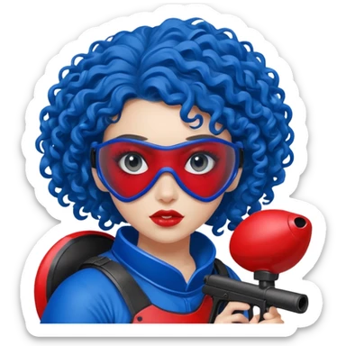 blue curly girl with huge earrings playing paintball with red paintball helmet with eye protection, only face  sticker