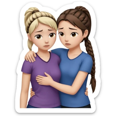 Comforting Hug two white skin women, one shorter woman with brown simple top ponytail, not braided, and one taller sad woman with a single long black side braid sticker