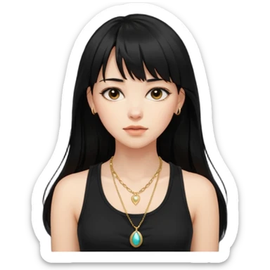 alrighht here’s just the person described for your emoji ai prompt:

> young woman, long black hair with bangs, soft expression, wearing a black tank top and gold necklace, confident pose, natural beauty, warm lighting on face, slightly tousled hair



lmk if u want it more detailed or stylized 🔥
 sticker