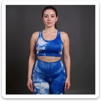 Realistic style image of a woman in sportswear inspired by the reference photo, showing evident water retention and visible swelling on the ankles and calves, natural pose, neutral background. sticker