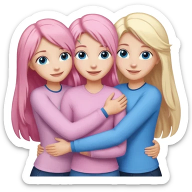 Girlfriend emoji - include 1 white girl with long light pink hair and blue eyes, one white girl with blue eyes and light blonde hair, and 2 white girls with brown eyes and long dark brown hair. They are smiling and hugging sticker
