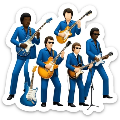 Icon for Blues Music: collage of legendary blues artists. Gary Moore, Eric Clapton, B.B. King and Joe Cocker. Represented by silhouettes or symbolic items like guitars, microphones, or music notes, reflecting the soulful energy of blues music. Transparent background. sticker