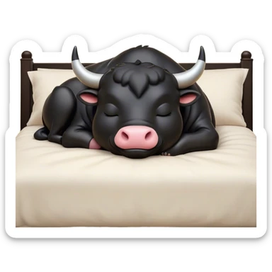 Meme-Worthy Cute Sleeping Black Bull Portrait Emoji, Head resting peacefully with a contented smile, showcasing a robust, massive build and a luxuriously soft pure black hide, eyes shut in a serene, restful nap, Simplified yet hilariously adorable features, highly detailed, glowing with a soft, drowsy light, high shine, relaxed and utterly lovable, stylized with an air of playful laziness, bright and heartwarming, soft glowing outline, capturing the essence of a comically sleepy guardian, so meme-worthy it feels like it could instantly become the next viral sensation of adorable slumber! sticker