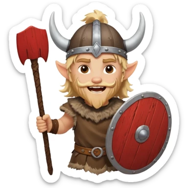 A young Viking warrior with messy hair painted cheeks, wooden shield, and fierce excited grin with horned helmet sticker