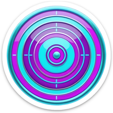 Futuristic glowing bullseye target emoji, neon purple and cyan holographic glow, dark background, digital tech style, abstract sparkles, no face. sticker