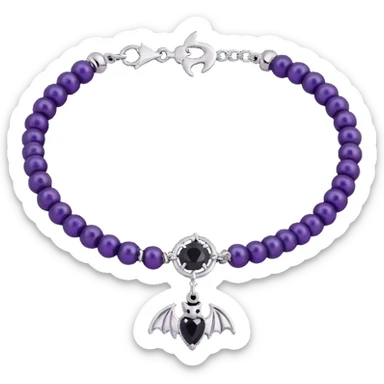 gothic bracelet with deep purple satin band, silver bat charm, black gemstone accent, luxurious and gothic, matching the choker and earrings sticker