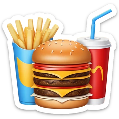 A clean and simple icon of fast food in emoji-style illustration. A burger with fries and a soda cup, bright and bold colors, simple shapes, flat design, high contrast, inviting and appetizing. sticker