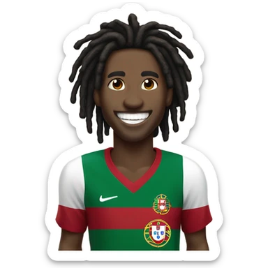  Young black man- 4 inch short black dread locks-  low eyebrows - low eyes - no facial hair laughing Portugal jersey lean crazy smile  sticker