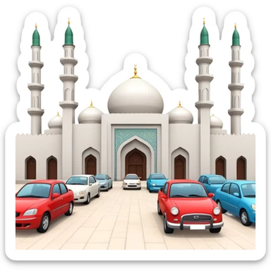 a view of cars parked in an orderly fashion outside a simple mosque. sticker