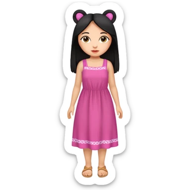 Gordita, ojos pequeños de color cafe oscuro, labios pequeños y rosados, piel trigueña, orejas pequeñas, cabello largo lazio y negro, pequeña. cuerpo completo. sticker