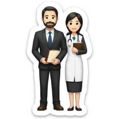 husband american age 50 dark brown hair trimmed beard wearing dark business suit holding bible together, wife asian age 50 black hair wearing nurse uniform, no children sticker
