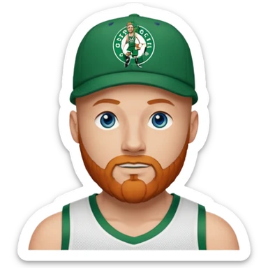 Bald white man with ginger beard, blue eyes in Tatum Boston Celtics basketball jersey. Show front of basketball Jersey and Boston Celtics basketball logo on cap sticker
