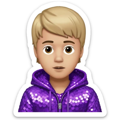 Justin Bieber with light skin, dark blonde hair, purple sequin outfit sticker