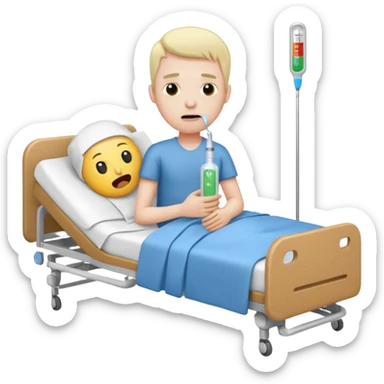 man sick in hospital bed full body thermometer in mouth emoji style tissues nearby sticker