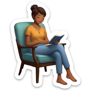 A person sits mindfully in a chair, a gratitude journal nearby, and a phone turned off. A bird chirps outside, a scented candle burns, and a small hidden gift bag peeks from under the table. A framed quote says, "Be Kind to Yourself," while they share a smile with someone. sticker