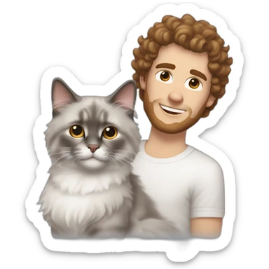 White man with brown curly hair, brown eyes, thick eyebrows, sharp jawline, bigger nose holding white and grey Ragdoll cat sticker