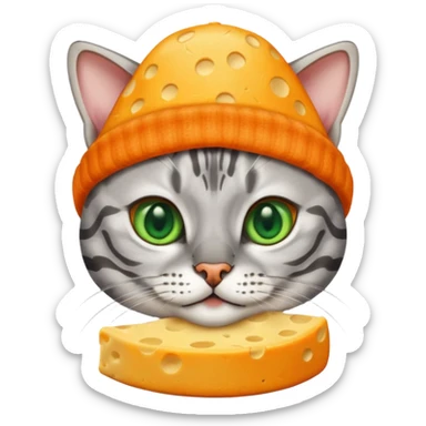 Sliver bengal cat with green eyes wearing a cheese hat sticker