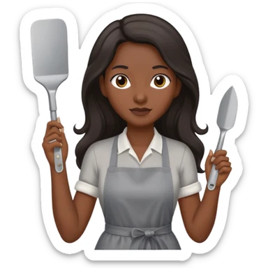 A Georgian women with long dark hair in gray apron and with nail file in her hand  sticker