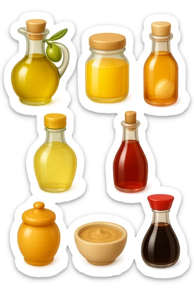 emoji stile iphone 3d di questi elementi che fluttuano in aria:

Olio extravergine d’oliva, burro chiarificato
Olio all’aglio (senza pezzetti)
Aceto di vino, aceto di riso, senape, tahin
Salsa di soia fermentata (senza aglio/cipolla)


 che fluttuano sparse casualmente in aria, iperealistico 4k sticker