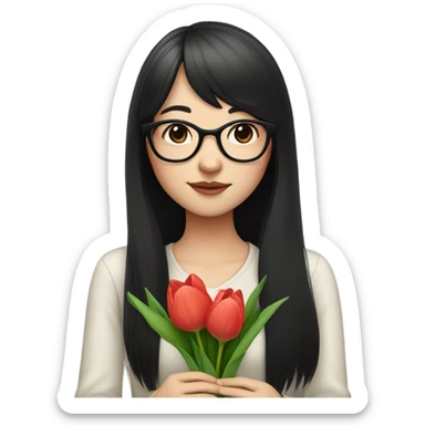 asian pale skin girl with long black hair and bangs and glasses holding tulips sticker