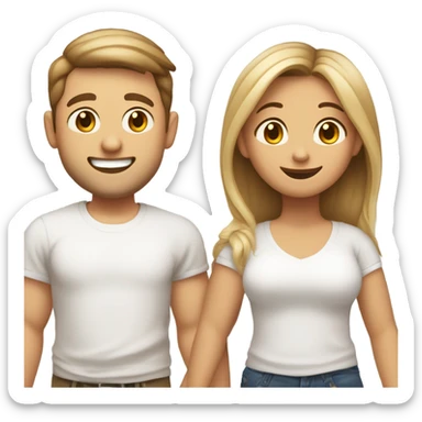 A couple of friends. One light brown girl with dark blonde long hair and and her chubby warm white skin male friend with a side left hair and a. Both with white tshirts and close to each other and happy. Be a cute emoji and just from the shoulders above   sticker