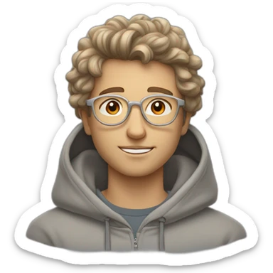 young white guy with wavy hair and a fade in light brown color and round silver color glasses with a grey hoodie on sticker