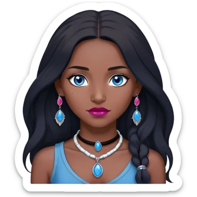 woman katara native american blue eyes dark skin freckles dark black long hair reddish pink lipstick choker necklace with sapphire pendant sticker