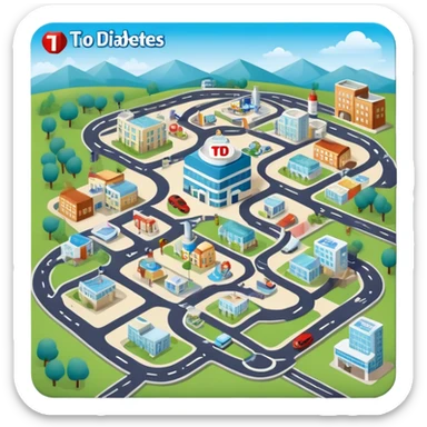 journey on a smaller area game board about Type 1 diabetes and aging with less roads, less buildings (hospital, places to live, advocacy, physical changes, to share knowledge and ways of coping, energetic with text: T1D to 100 and subtext Aging with Type 1 diabetes, easy for seniors to see sticker