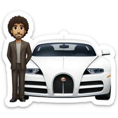 curly hair arab guy and white brunette guy standing in front a bugatti sticker