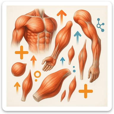 hyper realistic image of various large and small muscles of the human body, each with growth symbols like plus signs, upward arrows, expanding cells, vivid colors, anatomical details, scientific atmosphere, light background sticker