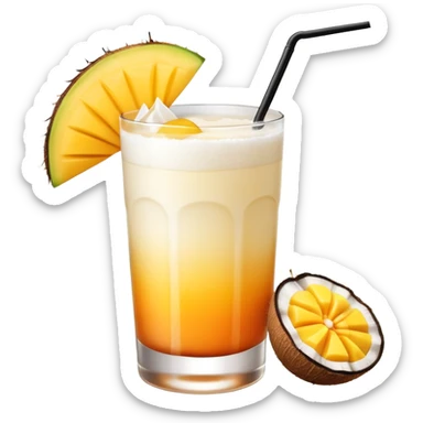 A beautiful cocktail with a creamy white to orange gradient, containing coconut juice and mango, reminiscent of summer. Above, there are tropical flowers, lemon slices, and straws. sticker