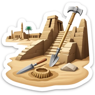 An icon showing archaeological tools—trowel, brush, and pickaxe—laid out on the sand, with the ancient Karnak temple ruins in the background. The design symbolizes exploration and discovery of ancient Egyptian history. Transparent background sticker