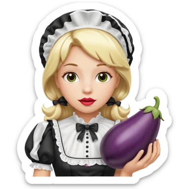 A women with blond hair in a black and white maid dress with her lips around a eggplant sticker