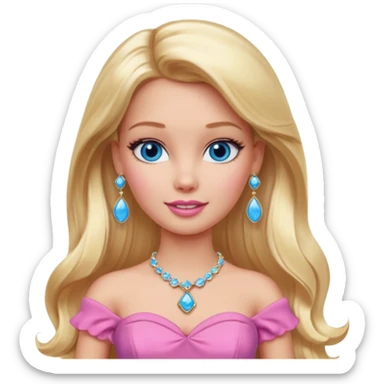 barbie, long blonde hair, pink dress, with blue eyes,different dress,ear rings, jewelry, different face expressions. sticker